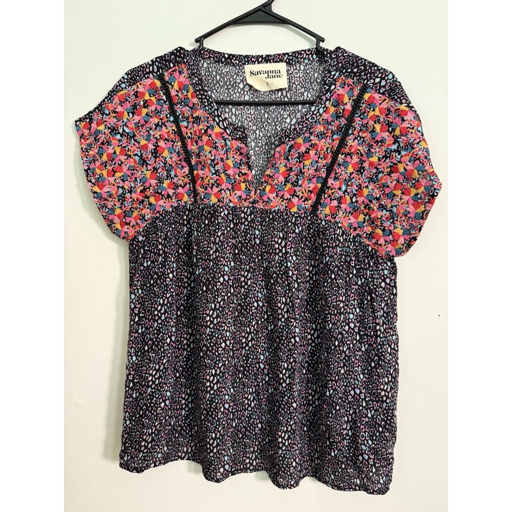 Savanna Jane Boho Chic Rayon Top Animal Print Floral Embroidered Black Pink Sz S